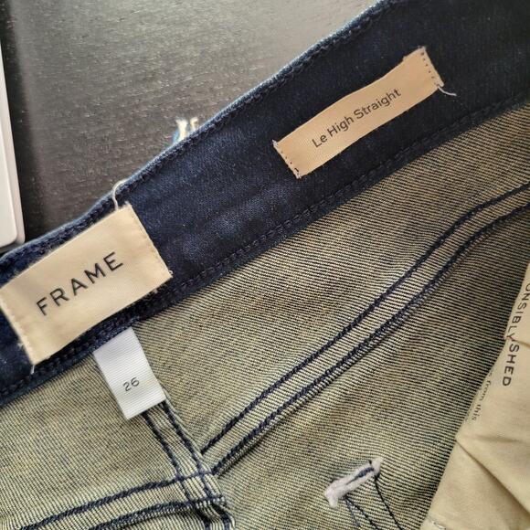 FRAME Le High Straight Jeans Porter Chew Hem Mid Rise Dark Wash Women 26 - Picture 11 of 13